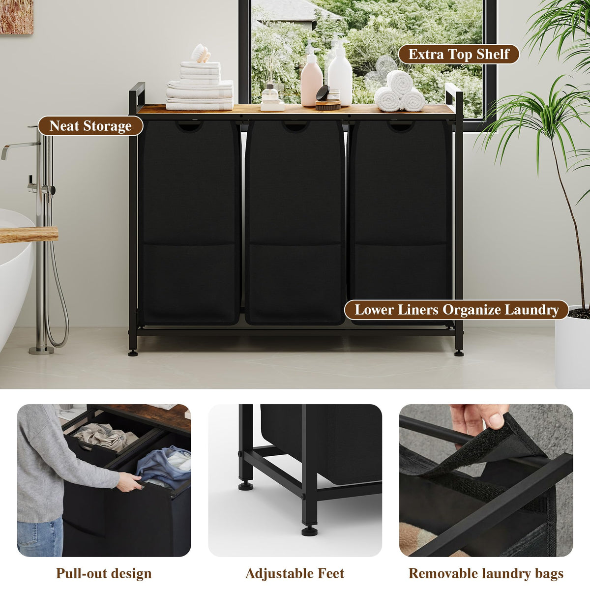 Rolling Laundry Sorter with Shelf and Removable Fabric Bags – product detail 6