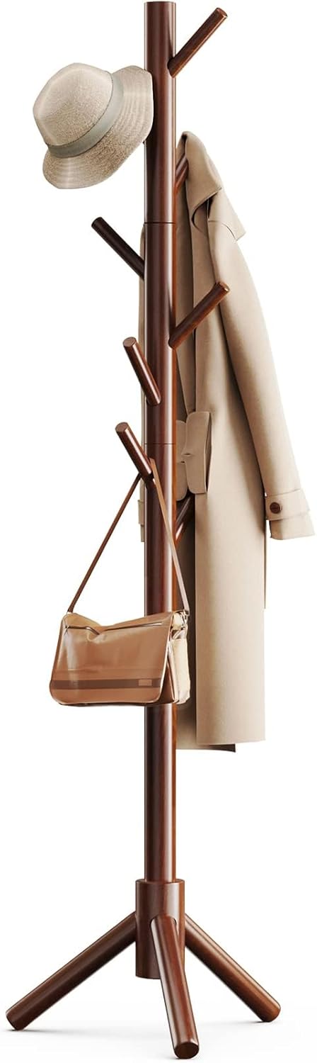 Solid Wood Coat Rack with 8 Hooks and Adjustable Height – Brown