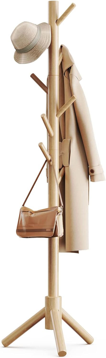 Solid Wood Coat Rack with 8 Hooks and Adjustable Height – Natural
