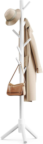 Solid Wood Coat Rack with 8 Hooks and Adjustable Height – White