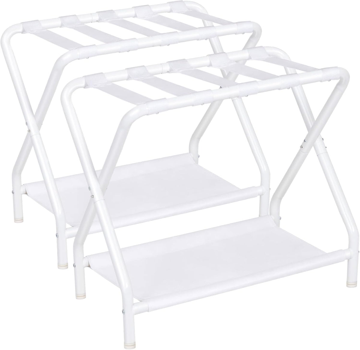 Folding Metal Luggage Racks Set of 2 with Lower Storage Shelves – White