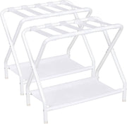 Folding Metal Luggage Racks Set of 2 with Lower Storage Shelves – White
