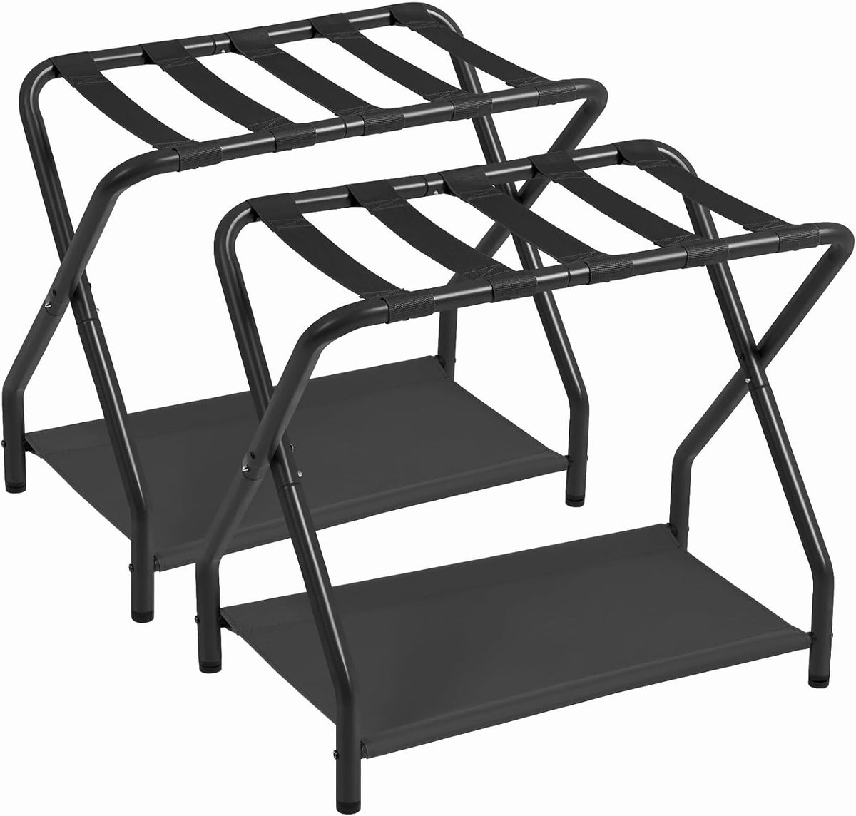 Folding Metal Luggage Racks Set of 2 with Lower Storage Shelves – Black