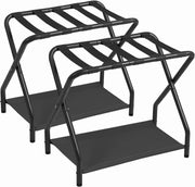 Folding Metal Luggage Racks Set of 2 with Lower Storage Shelves – Black