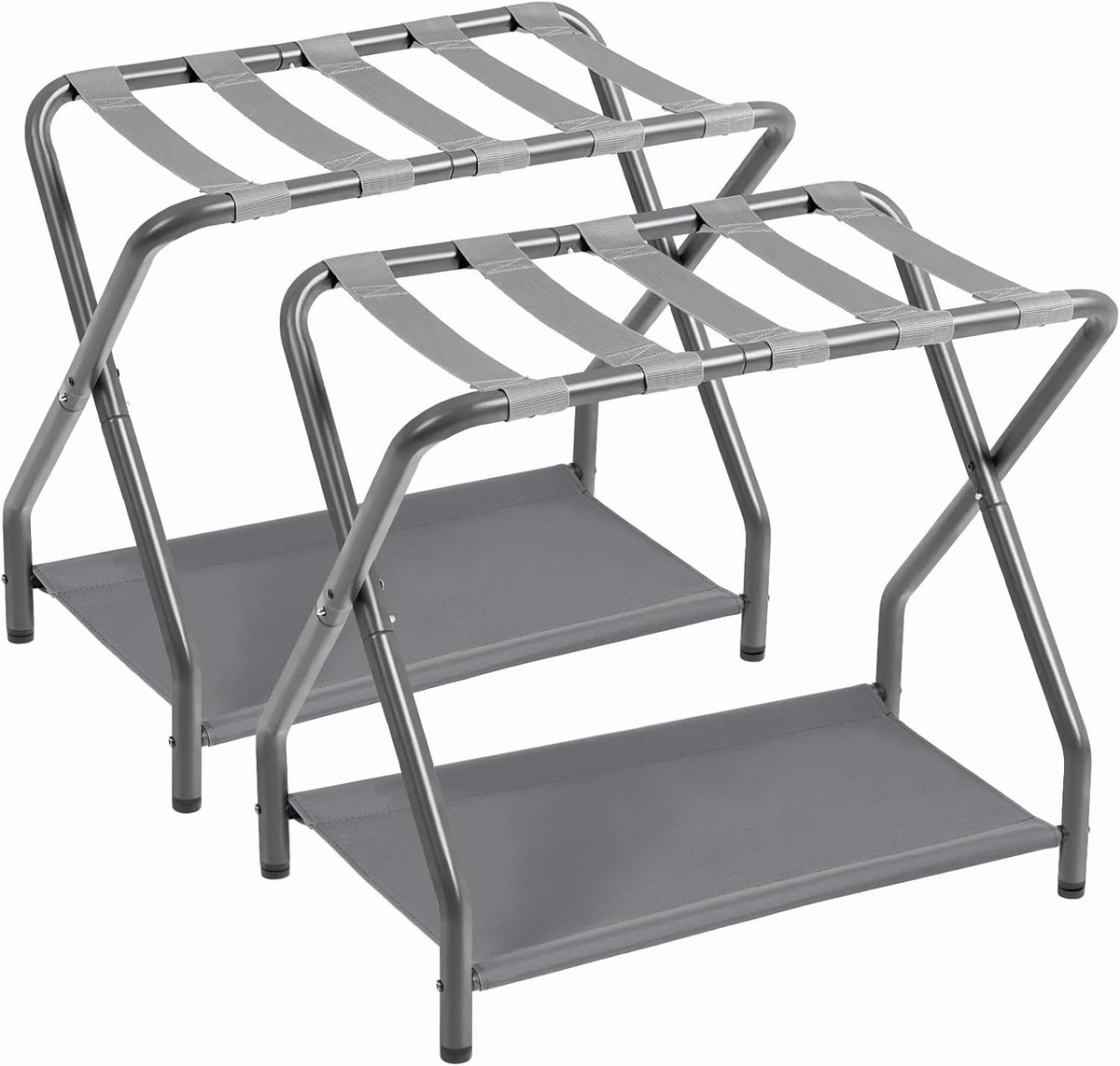 Folding Metal Luggage Racks Set of 2 with Lower Storage Shelves – Grey