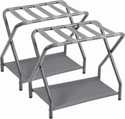 Folding Metal Luggage Racks Set of 2 with Lower Storage Shelves – Grey