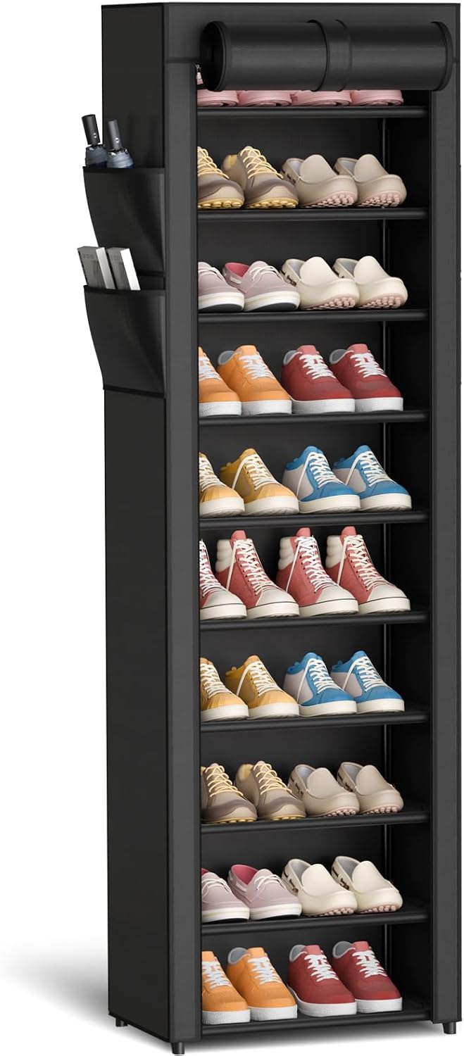10-Tier Covered Shoe Rack, 17.5 in Wide Vertical Storage Organizer – Black