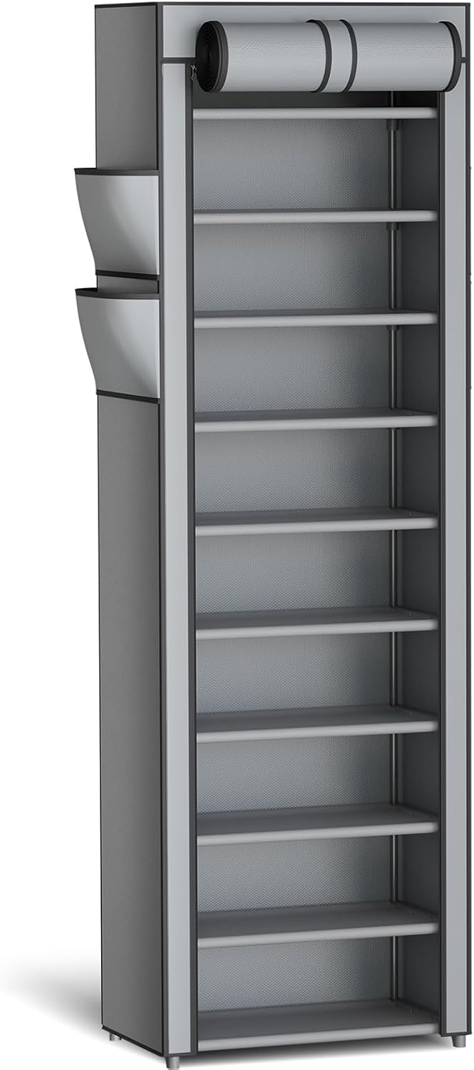 10-Tier Covered Shoe Rack, 17.5 in Wide Vertical Storage Organizer – Grey