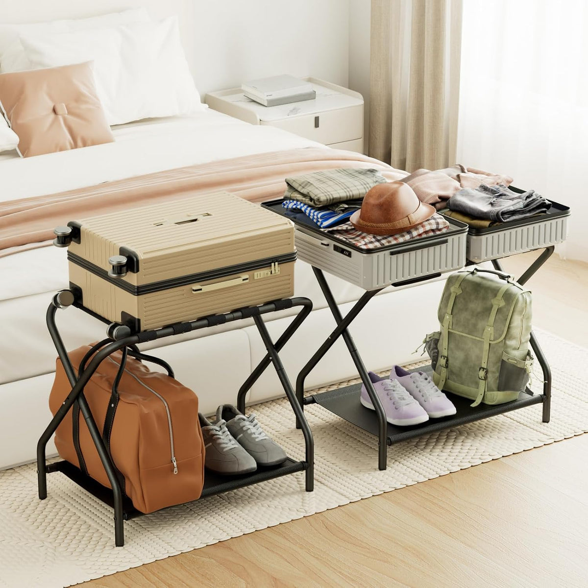 Folding Metal Luggage Racks Set of 2 with Lower Storage Shelves – product detail 5