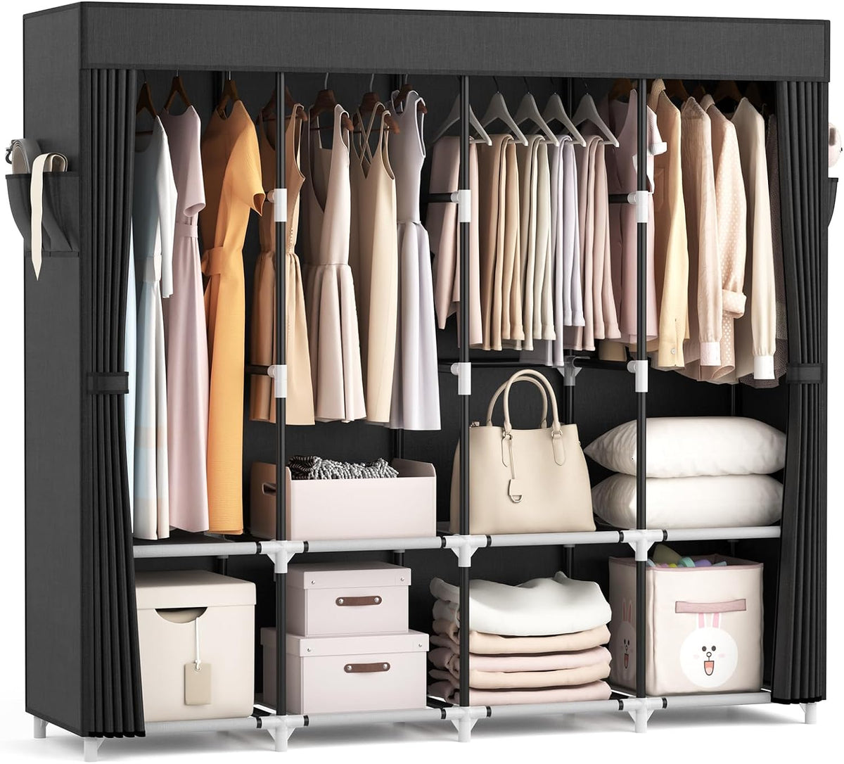 Portable Wardrobe Closet with Cover, 4 Hanging Rods and 4 Shelves, 67 in Wide – Black