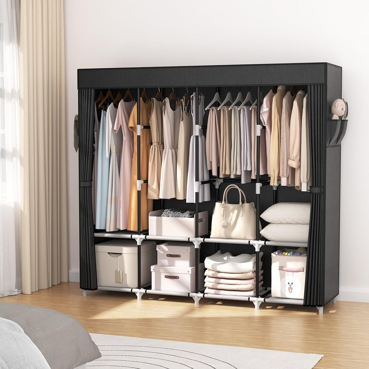 Portable Wardrobe Closet with Cover, 4 Hanging Rods and 4 Shelves, 67 in Wide – product detail 2