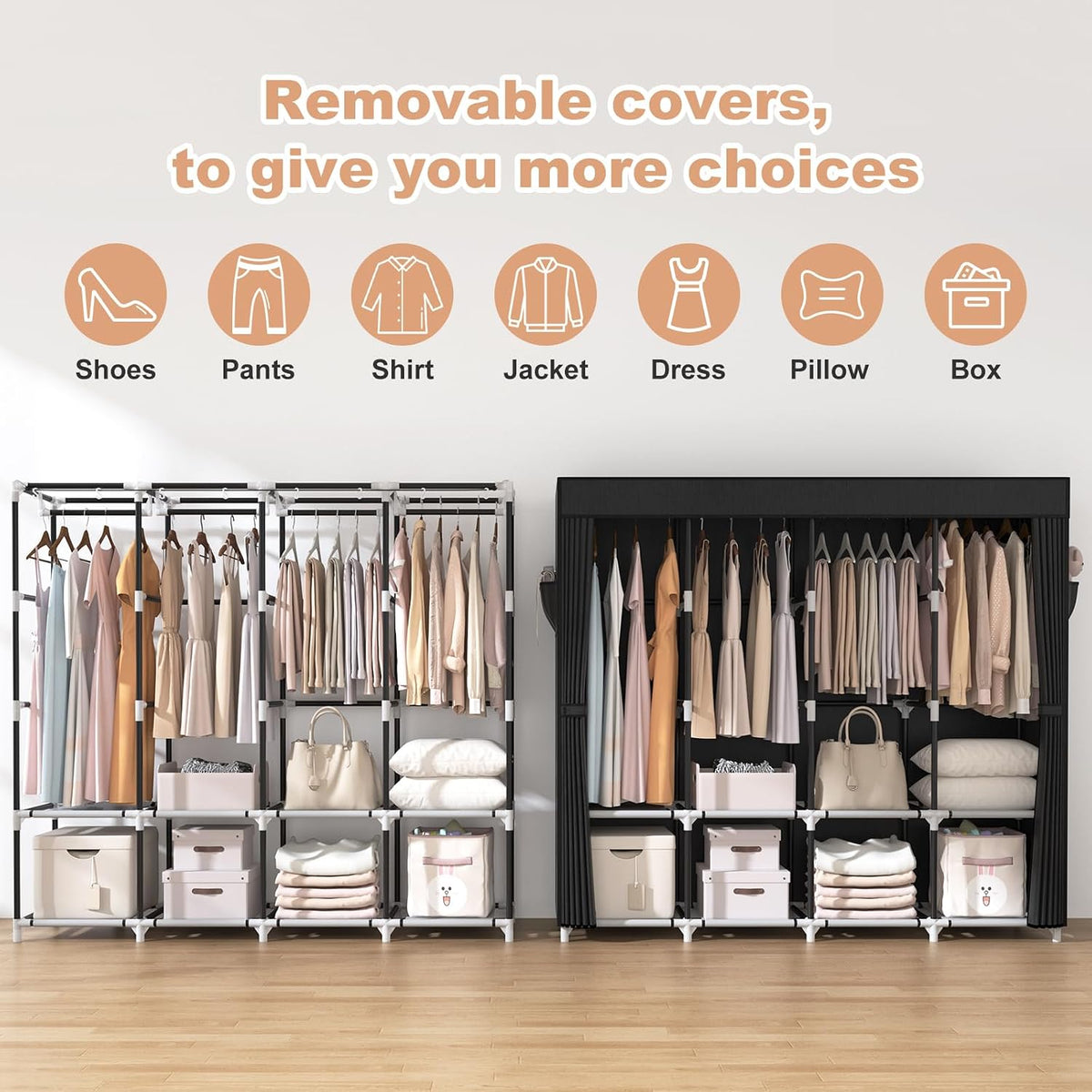 Portable Wardrobe Closet with Cover, 4 Hanging Rods and 4 Shelves, 67 in Wide – product detail 5