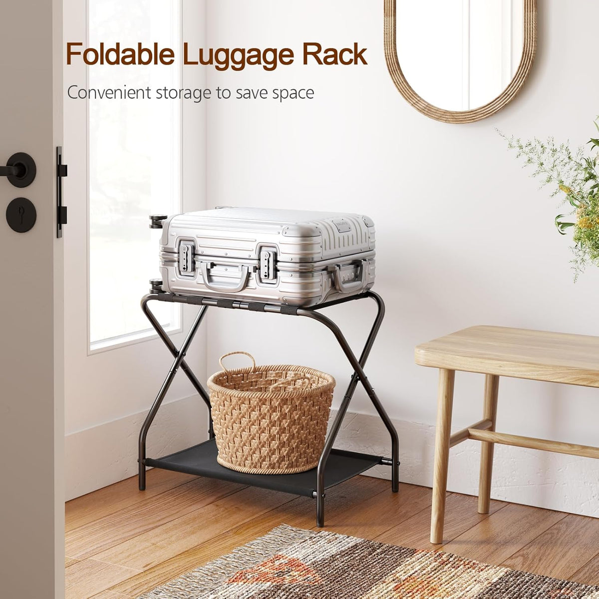 Folding Metal Luggage Racks Set of 2 with Lower Storage Shelves – product detail 6