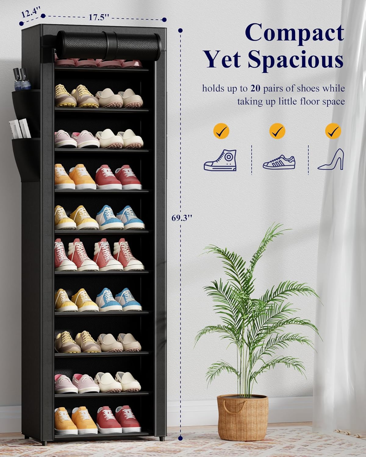 10-Tier Covered Shoe Rack, 17.5 in Wide Vertical Storage Organizer – product detail 5