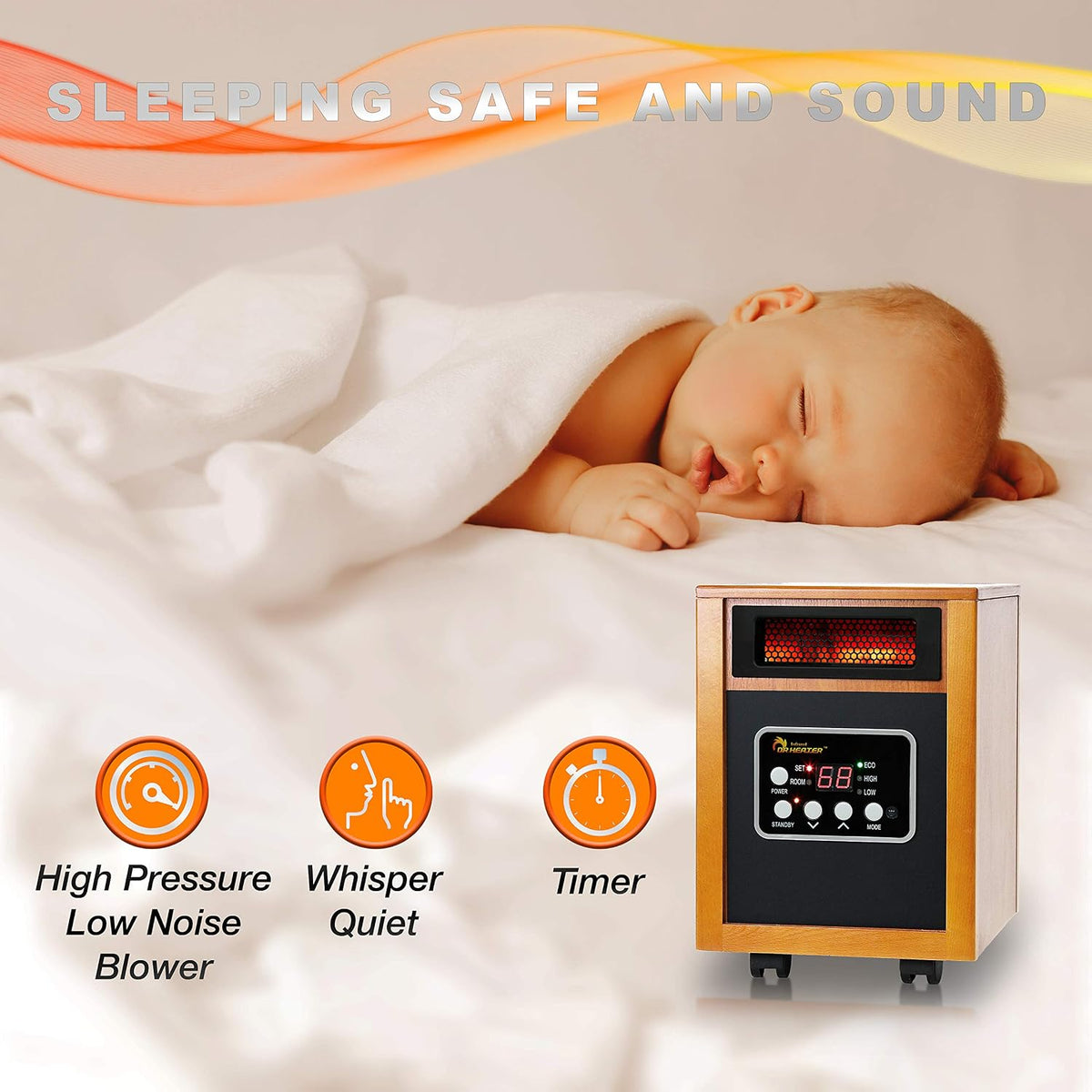 Portable Infrared Quartz Space Heater 1500W with Thermostat, Remote and Wheels – product detail 5