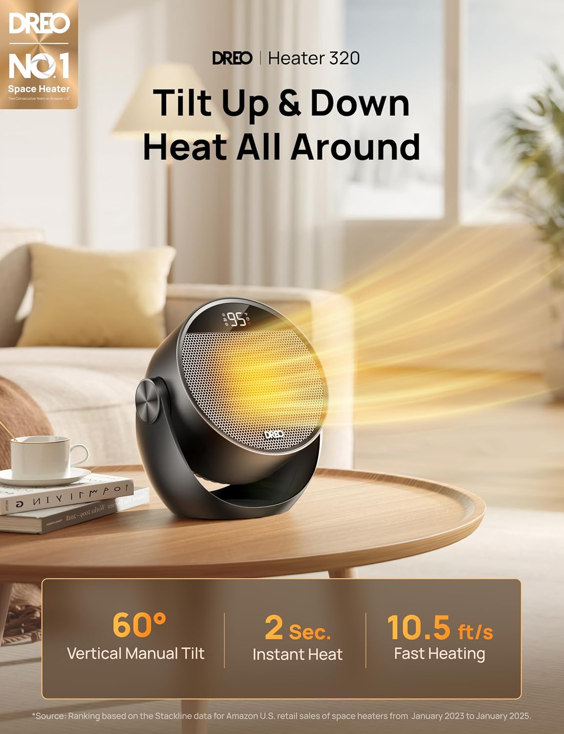 Portable Ceramic Space Heater 1500W with 60-Degree Tilt and Digital Thermostat – product detail 3