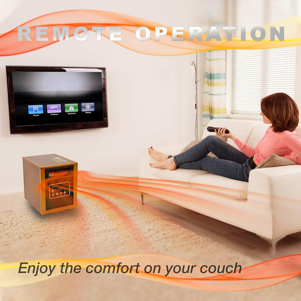 Portable Infrared Quartz Space Heater 1500W with Thermostat, Remote and Wheels – product detail 6