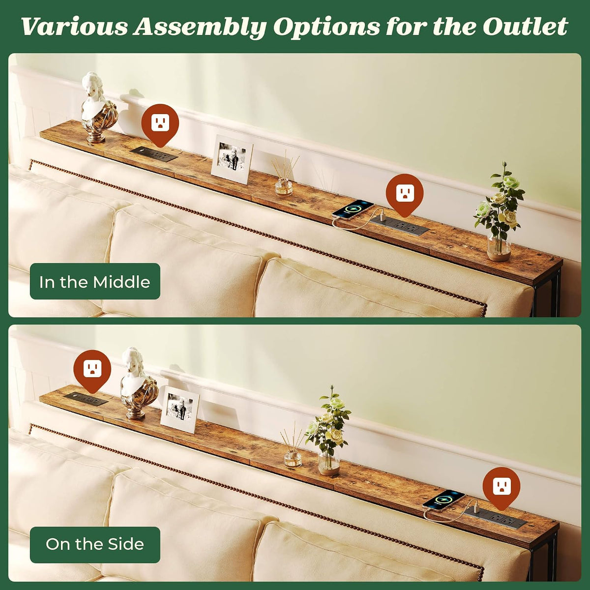 Narrow Sofa Console Table Set, 78.8 in Total with 2 Charging Stations – product detail 5