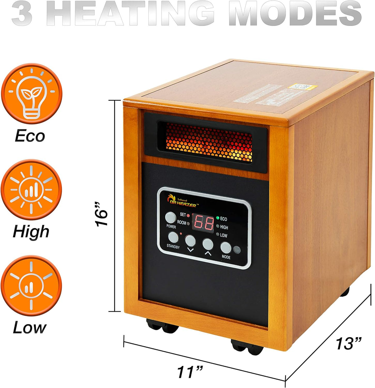 Portable Infrared Quartz Space Heater 1500W with Thermostat, Remote and Wheels – product detail 2