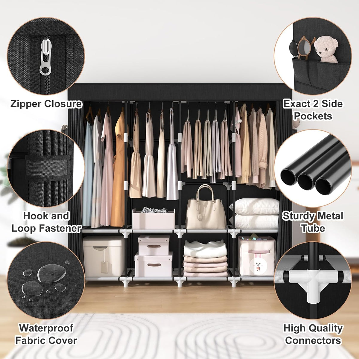 Portable Wardrobe Closet with Cover, 4 Hanging Rods and 4 Shelves, 67 in Wide – product detail 4