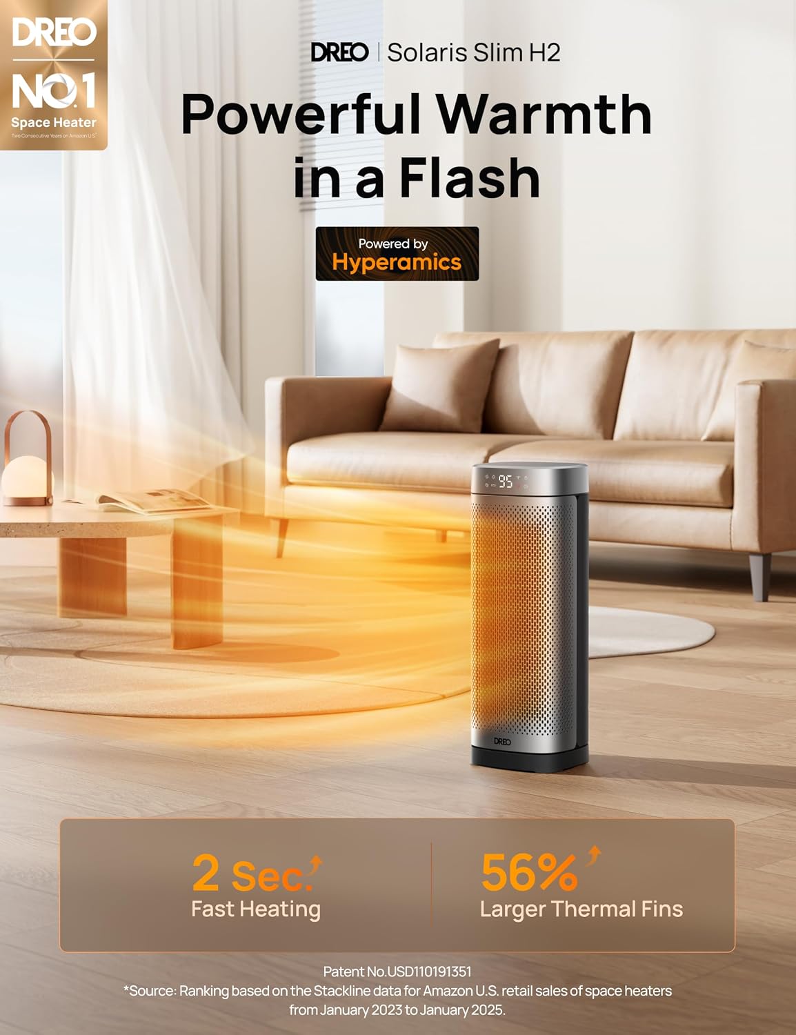Ceramic Tower Space Heater 1500W, 16 in with Digital Thermostat and Oscillation – product detail 4