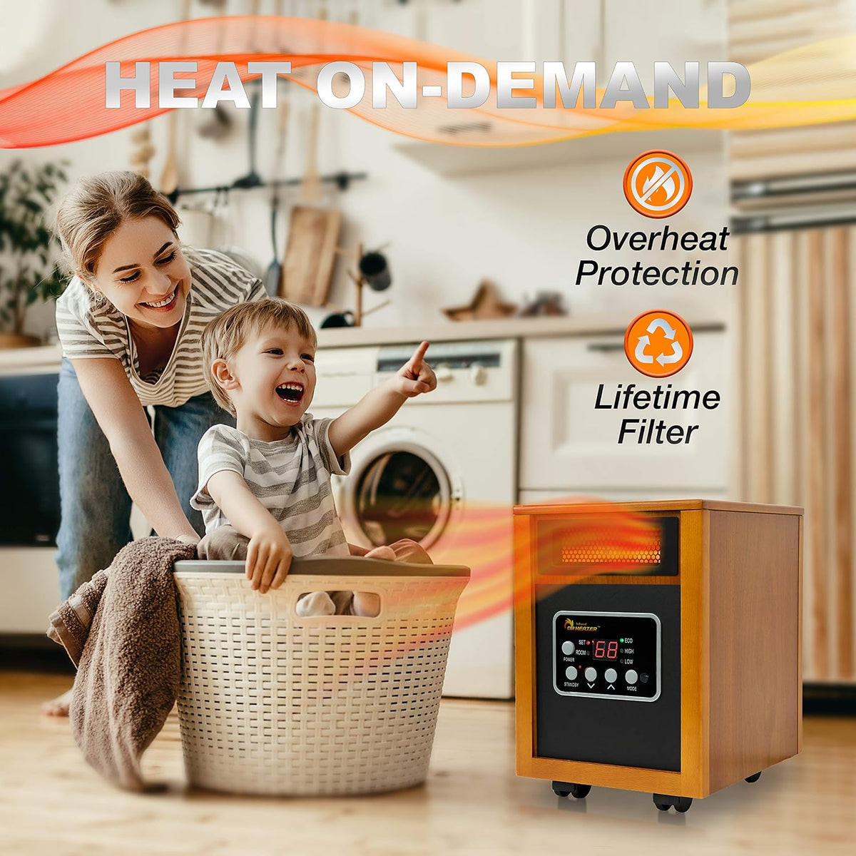 Portable Infrared Quartz Space Heater 1500W with Thermostat, Remote and Wheels – product detail 3
