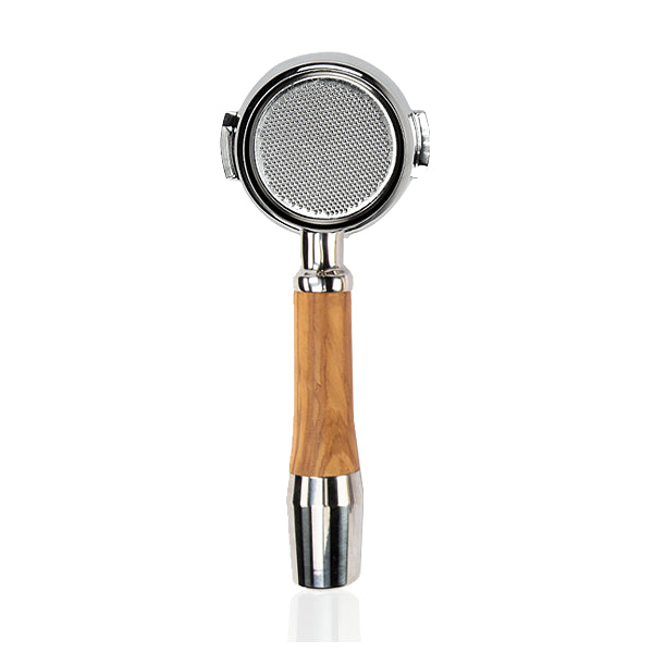 ECM Olive Wood 58mm Bottomless Portafilter in Chrome-Plated Brass