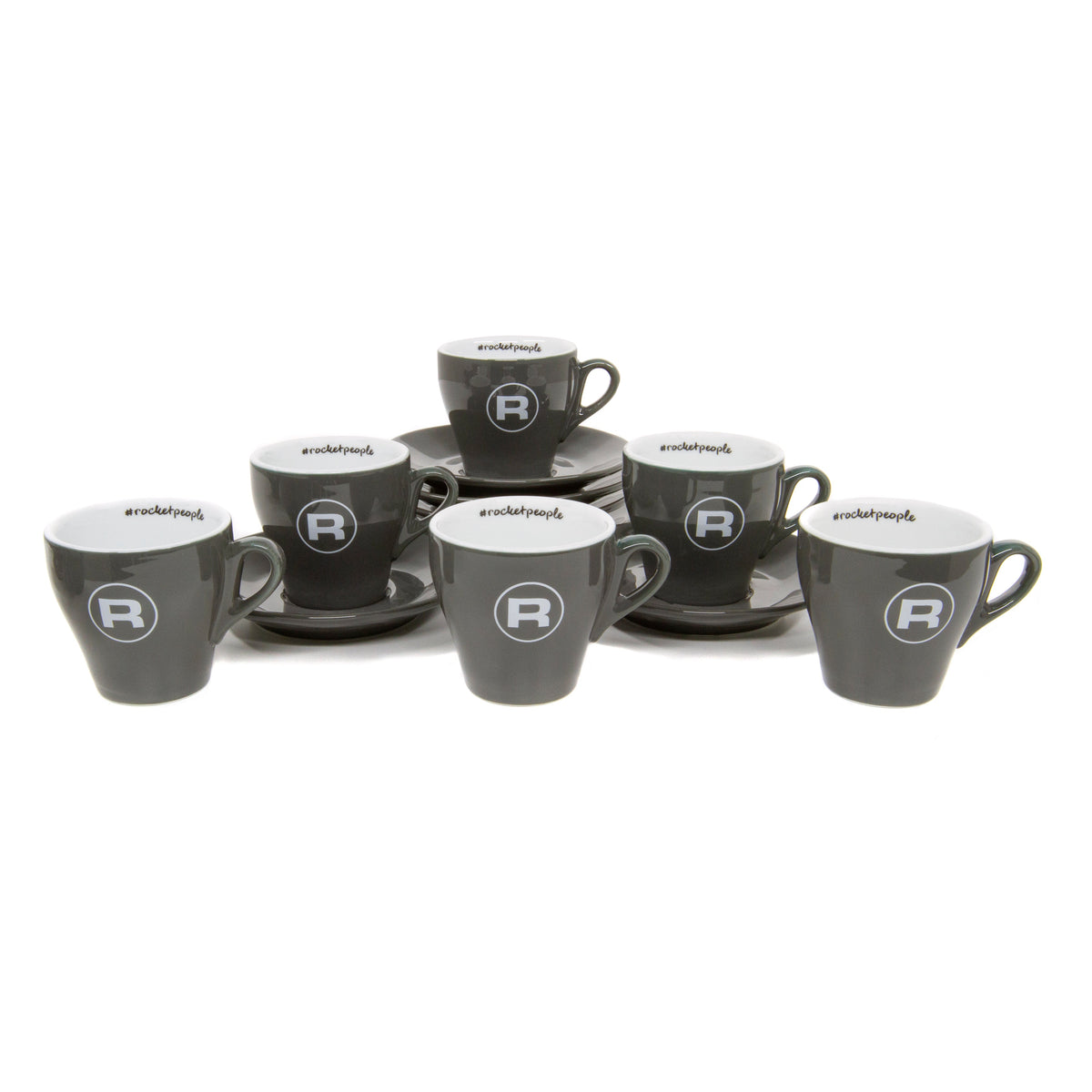 Rocket Espresso Grey Flat White Cups and Saucers – 4 fl oz, 6-Piece Set