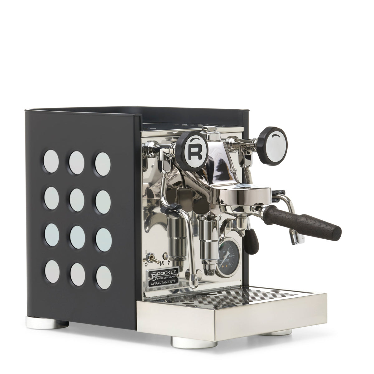 Rocket Espresso Appartamento TCA Heat-Exchange Espresso Machine in Black with Black Stripe