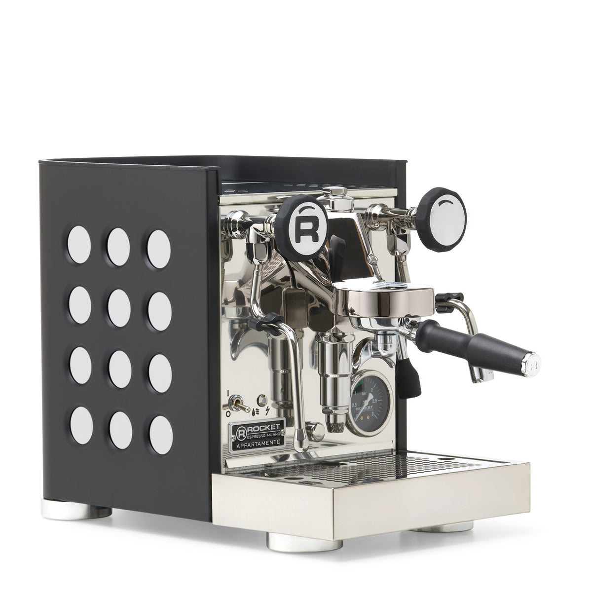 Rocket Espresso Appartamento TCA Heat-Exchange Espresso Machine in Black with Black Stripe