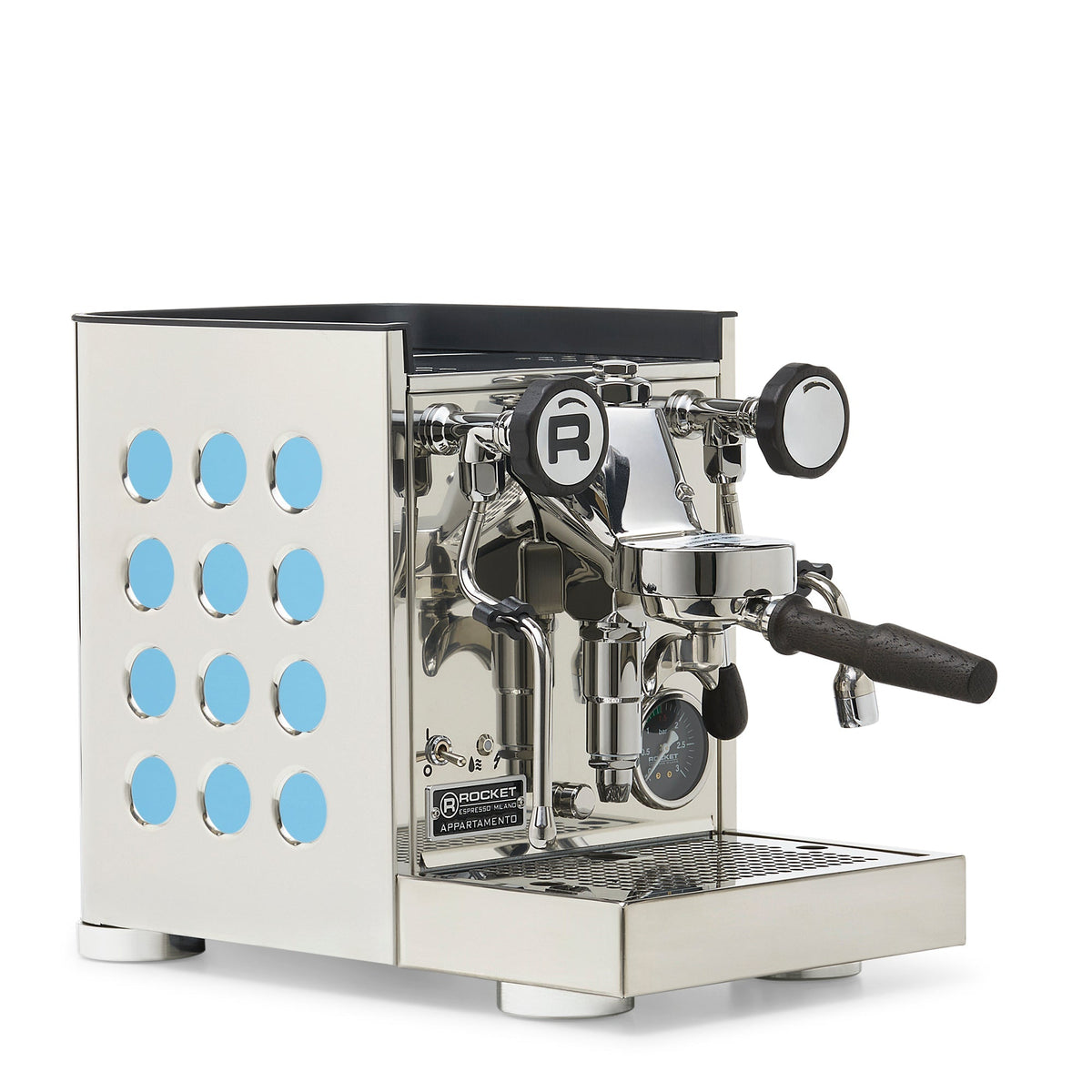 Rocket Espresso Appartamento TCA Heat-Exchange Espresso Machine in Stainless Steel with White Stripe