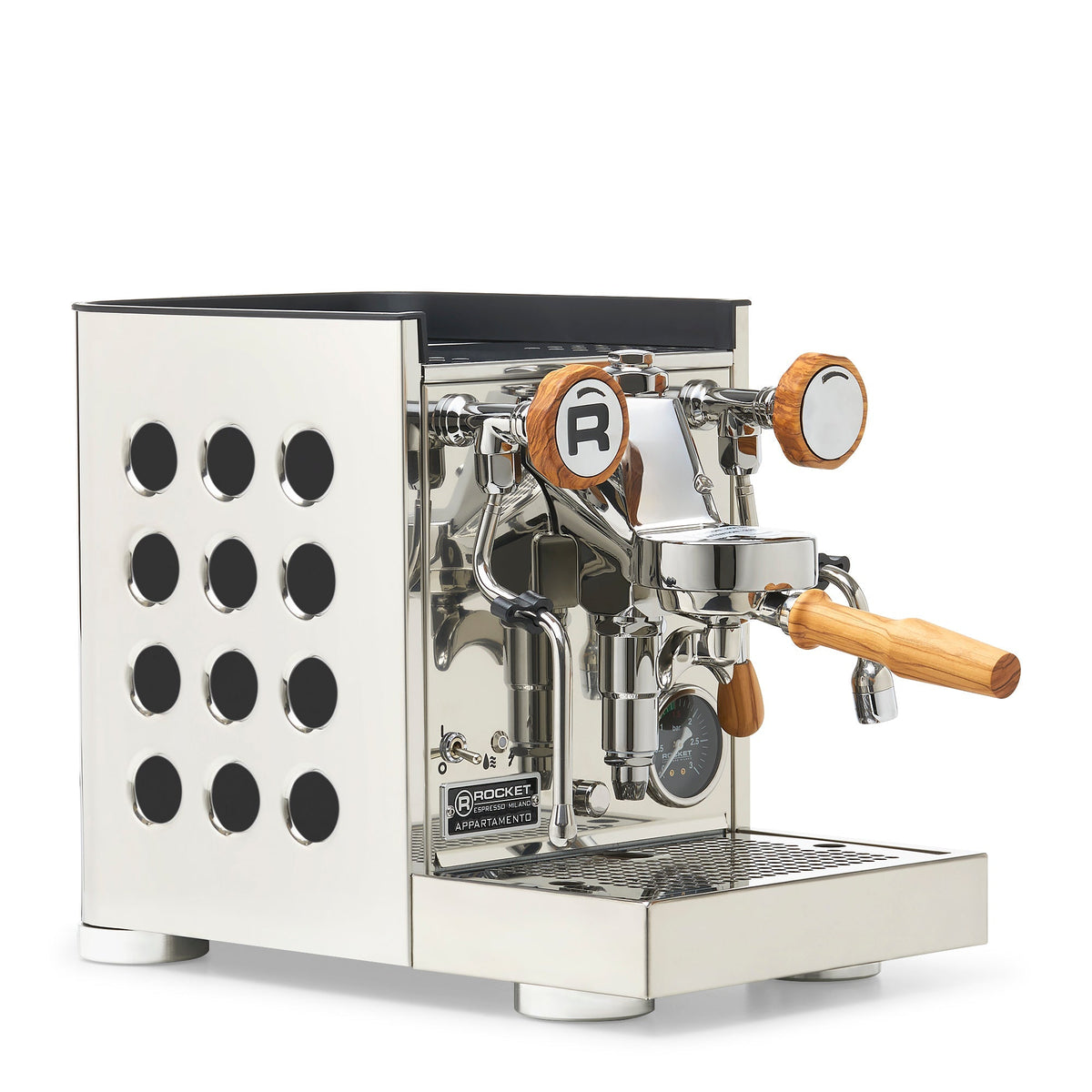 Rocket Espresso Appartamento TCA Heat-Exchange Espresso Machine in Stainless Steel with White Stripe