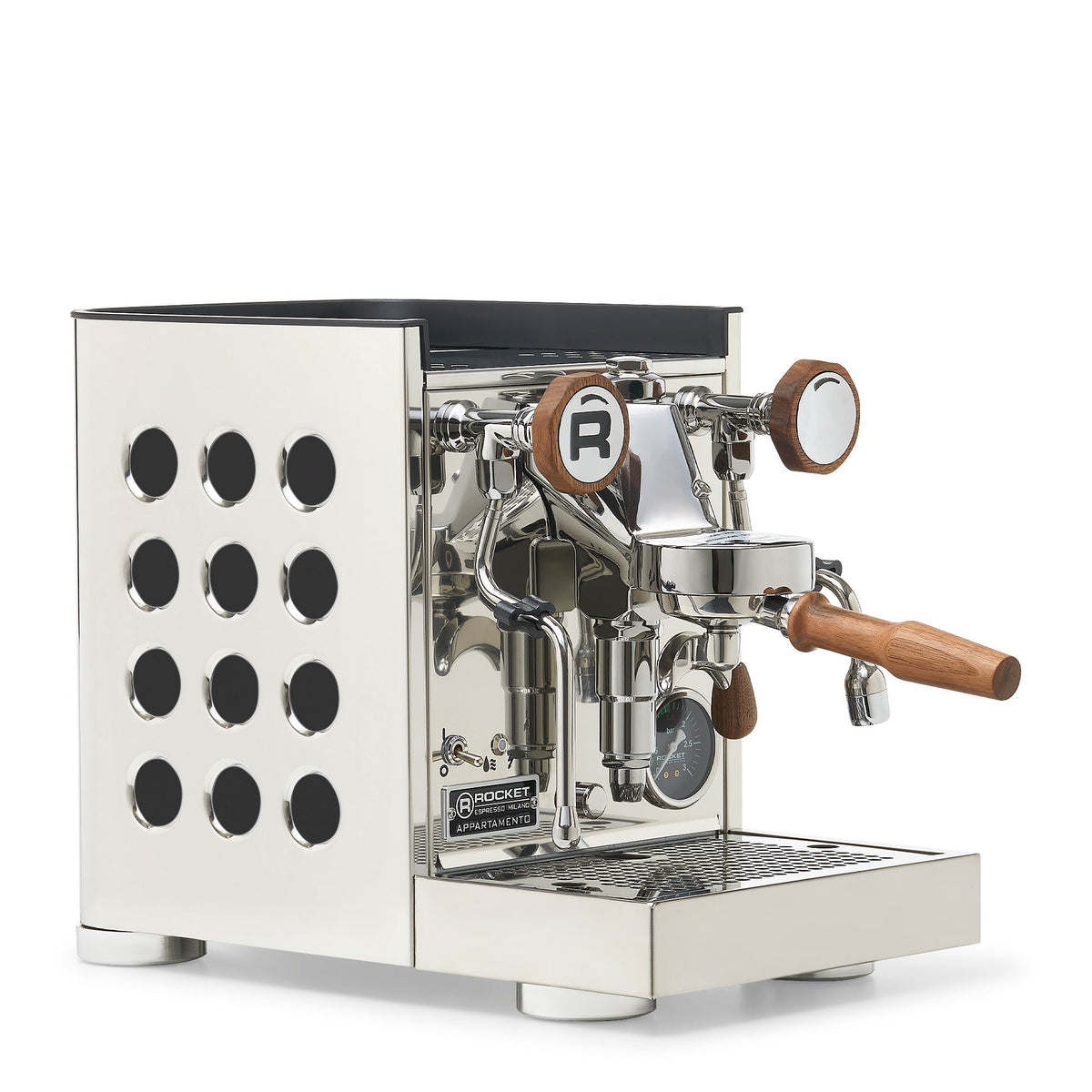 Rocket Espresso Appartamento TCA Heat-Exchange Espresso Machine in Stainless Steel with White Stripe