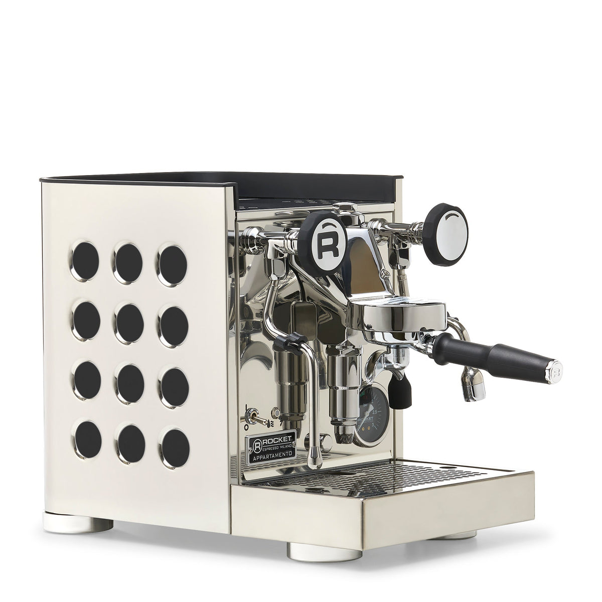 Rocket Espresso Appartamento TCA Heat-Exchange Espresso Machine in Stainless Steel with White Stripe