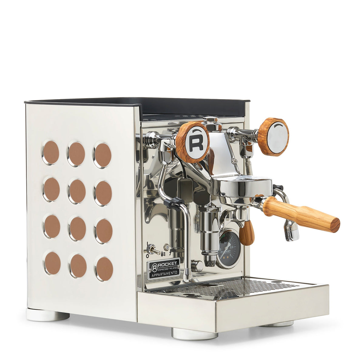 Rocket Espresso Appartamento TCA Heat-Exchange Espresso Machine in Stainless Steel with White Stripe