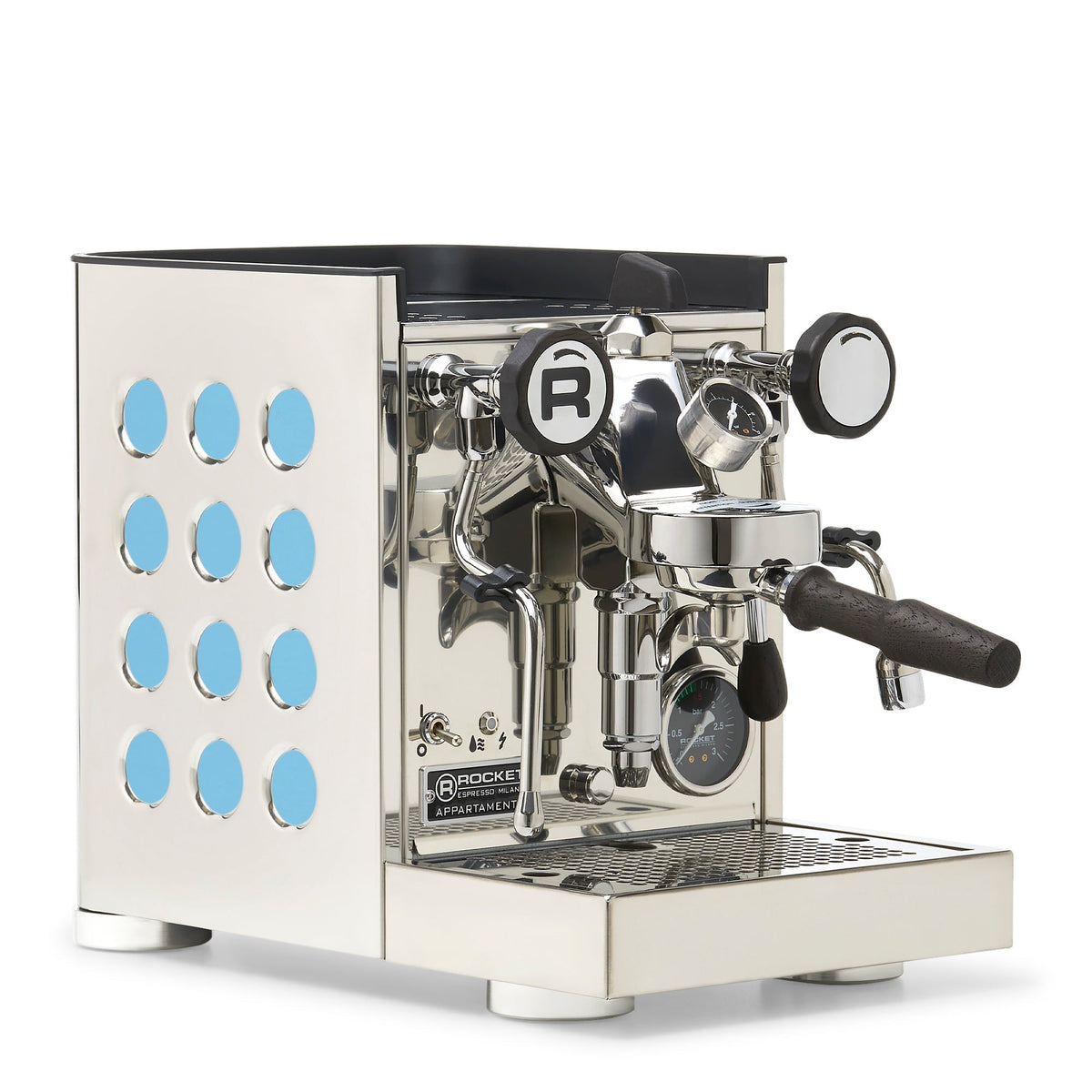Rocket Espresso Appartamento TCA Heat-Exchange Espresso Machine in Stainless Steel with White Stripe