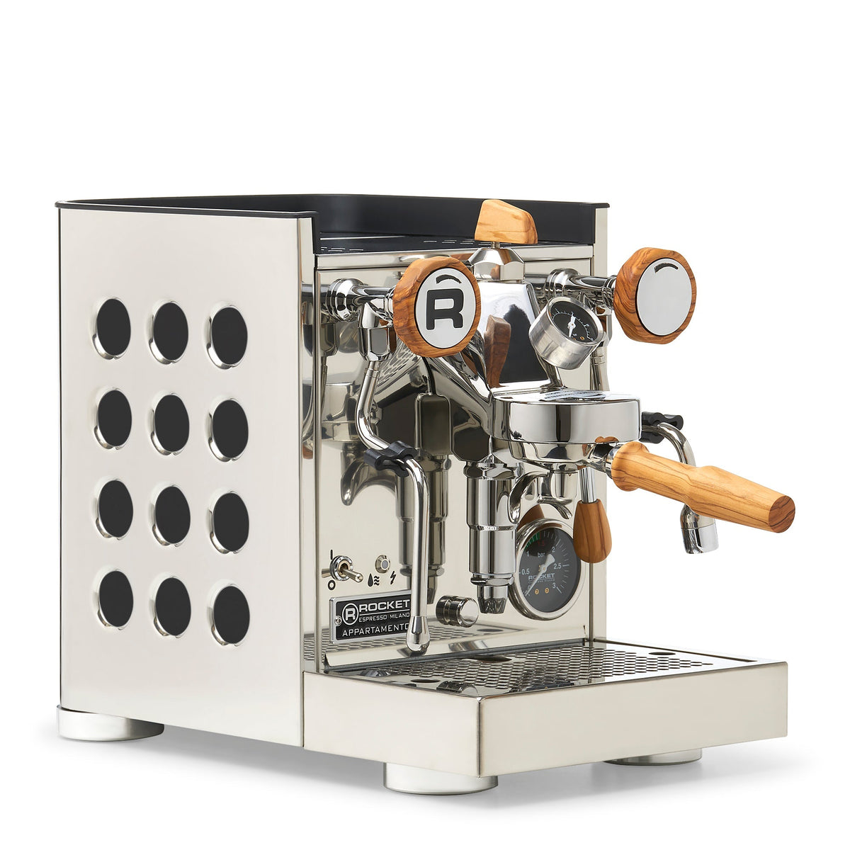 Rocket Espresso Appartamento TCA Heat-Exchange Espresso Machine in Stainless Steel with White Stripe