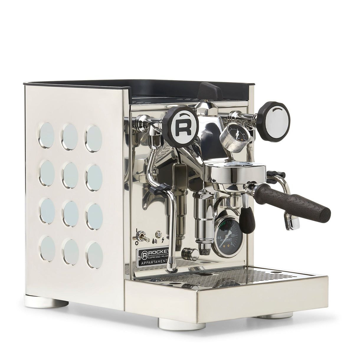 Rocket Espresso Appartamento TCA Heat-Exchange Espresso Machine in Stainless Steel with White Stripe