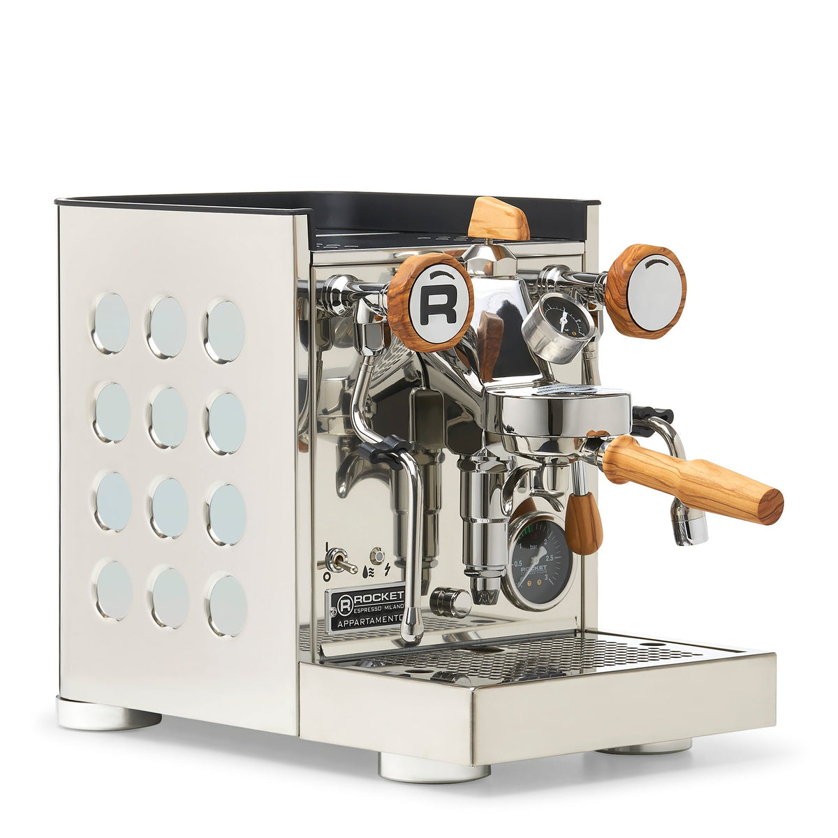 Rocket Espresso Appartamento TCA Heat-Exchange Espresso Machine in Stainless Steel with White Stripe