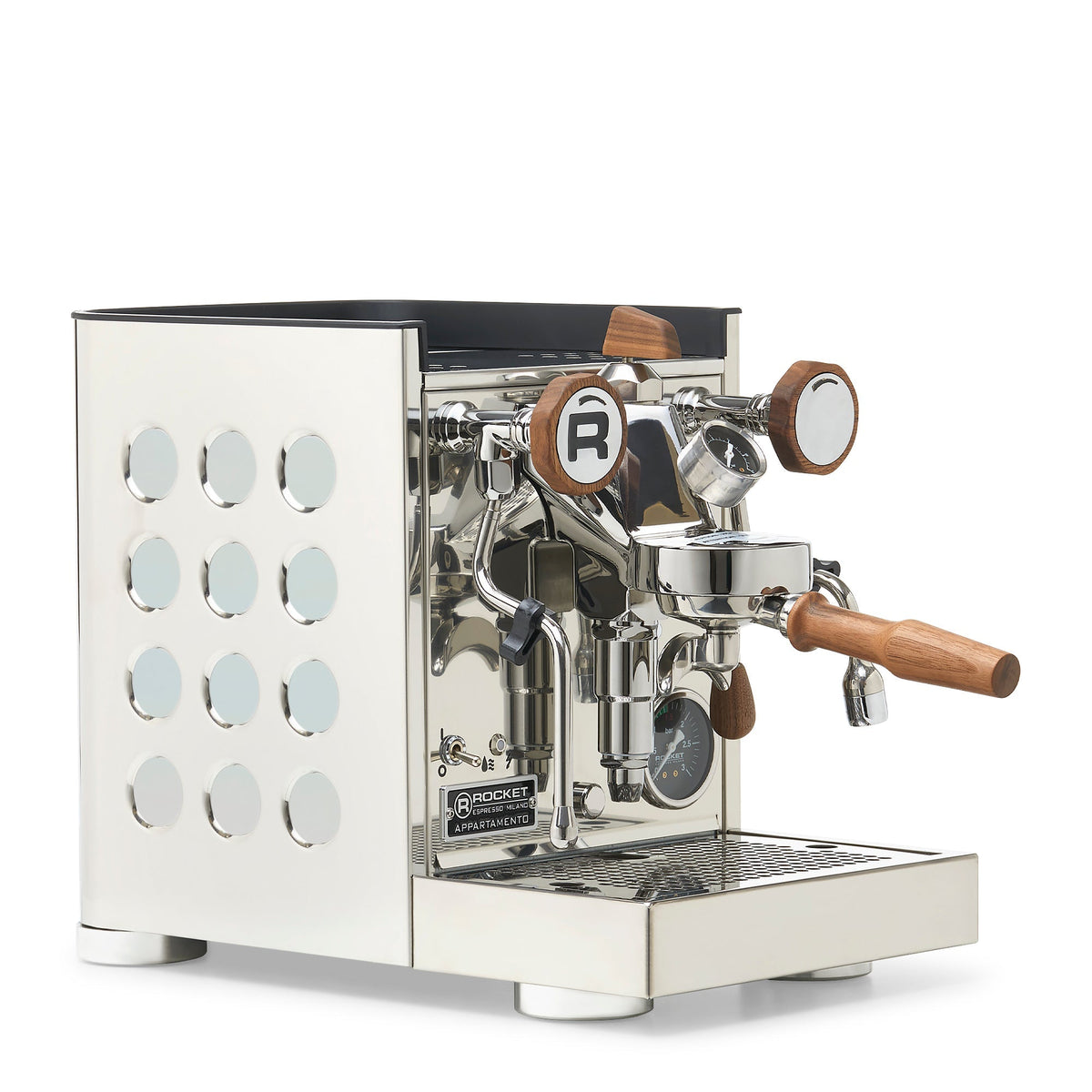 Rocket Espresso Appartamento TCA Heat-Exchange Espresso Machine in Stainless Steel with White Stripe