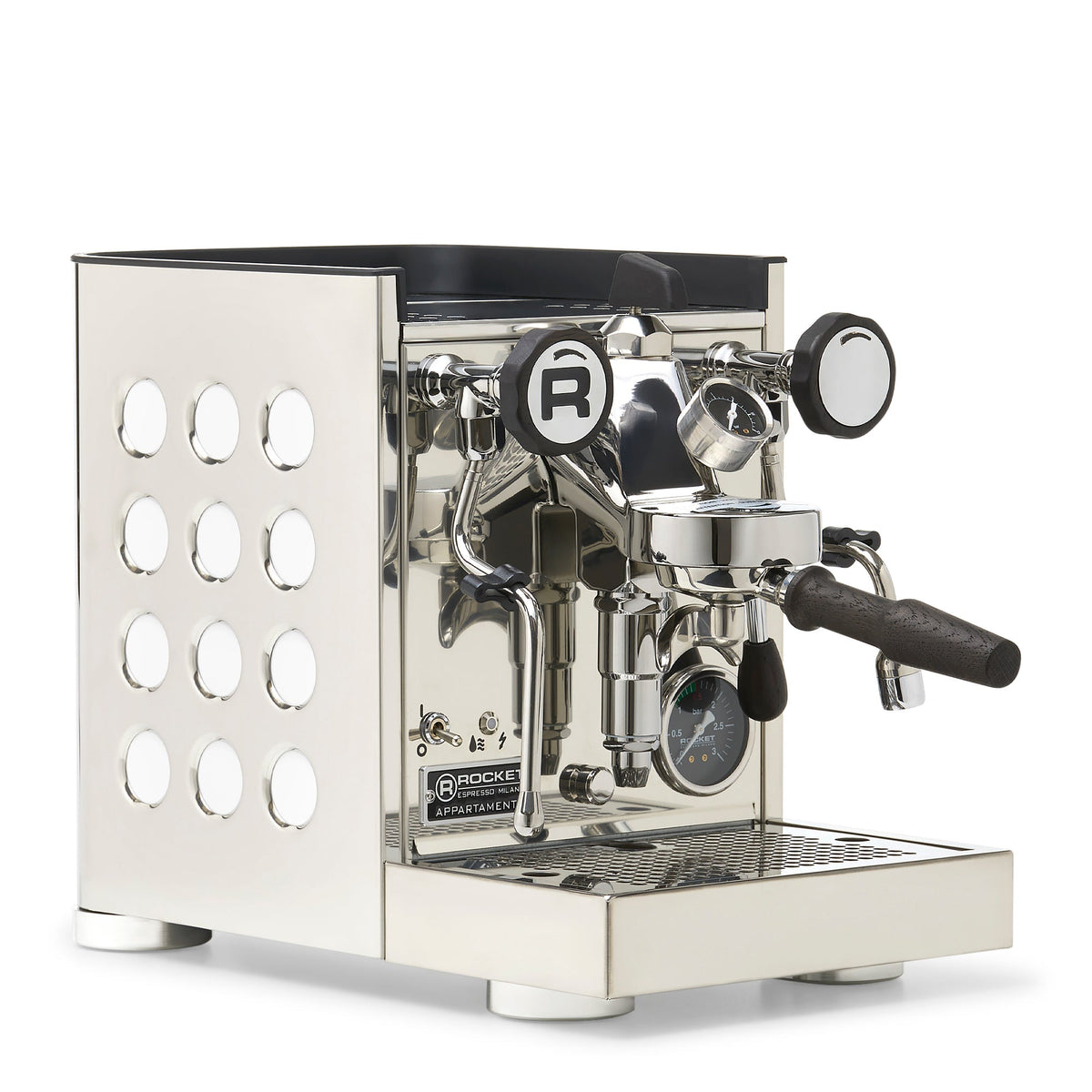 Rocket Espresso Appartamento TCA Heat-Exchange Espresso Machine in Stainless Steel with White Stripe