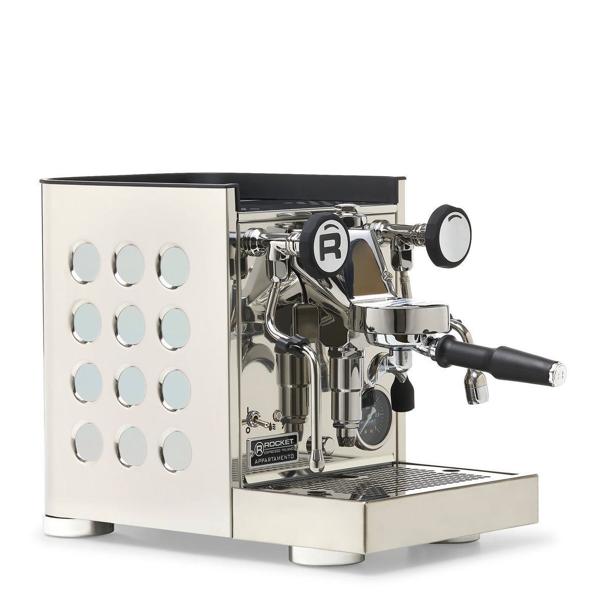 Rocket Espresso Appartamento TCA Heat-Exchange Espresso Machine in Stainless Steel with White Stripe