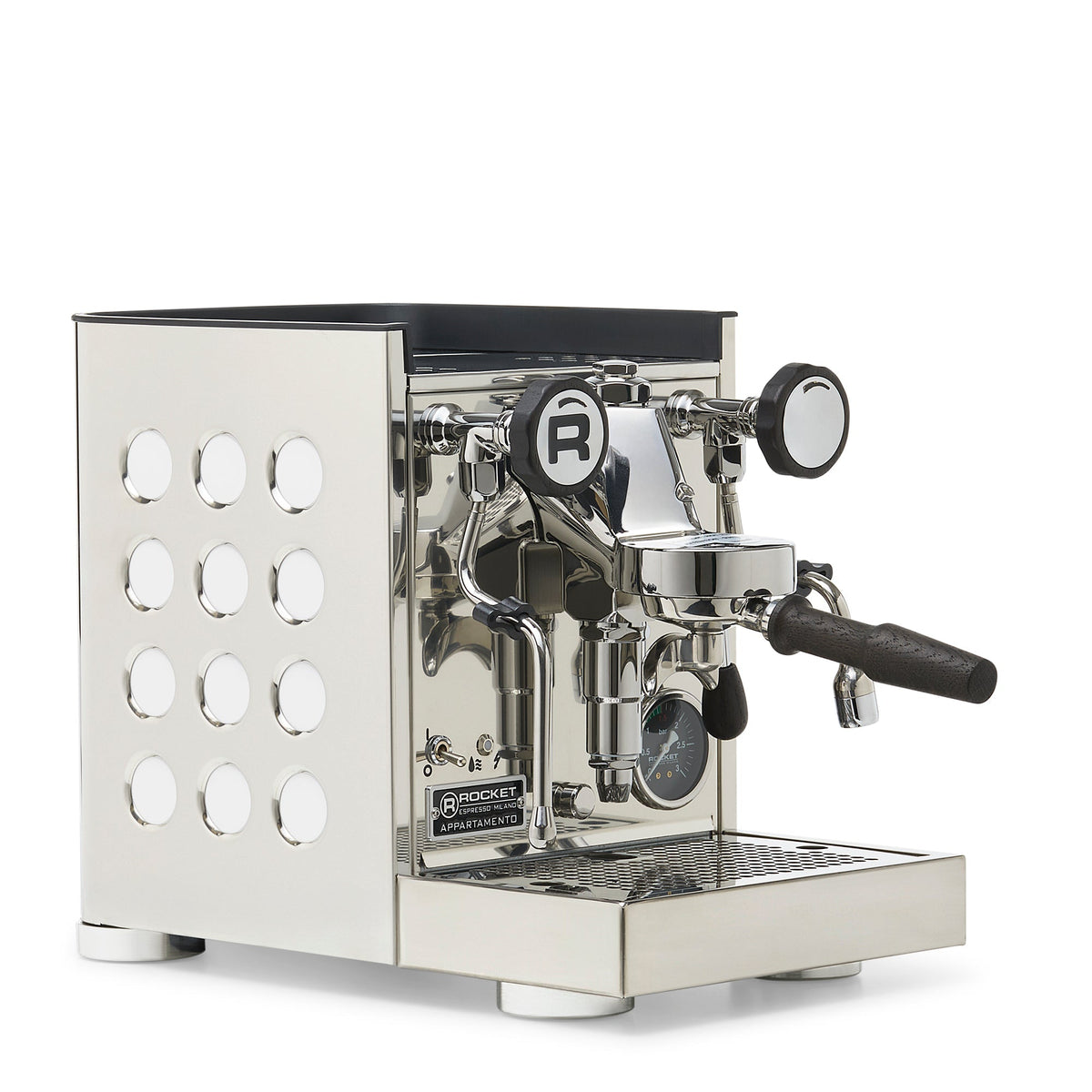 Rocket Espresso Appartamento TCA Heat-Exchange Espresso Machine in Stainless Steel with White Stripe