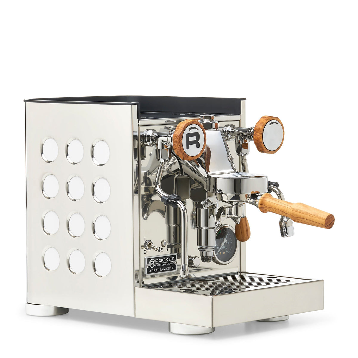 Rocket Espresso Appartamento TCA Heat-Exchange Espresso Machine in Stainless Steel with White Stripe