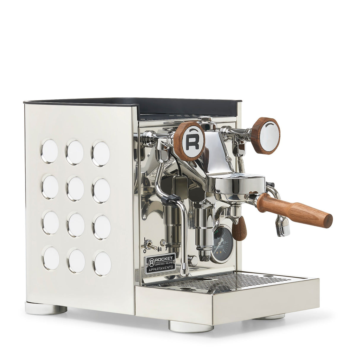 Rocket Espresso Appartamento TCA Heat-Exchange Espresso Machine in Stainless Steel with White Stripe