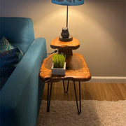 Live Edge Cedar Wood Side Table, 2-Tier with Metal Hairpin Legs – Natural