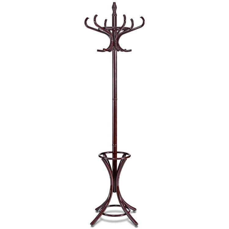 Wooden Freestanding Coat Rack with 12 Hooks and Umbrella Stand, Brown – Brown