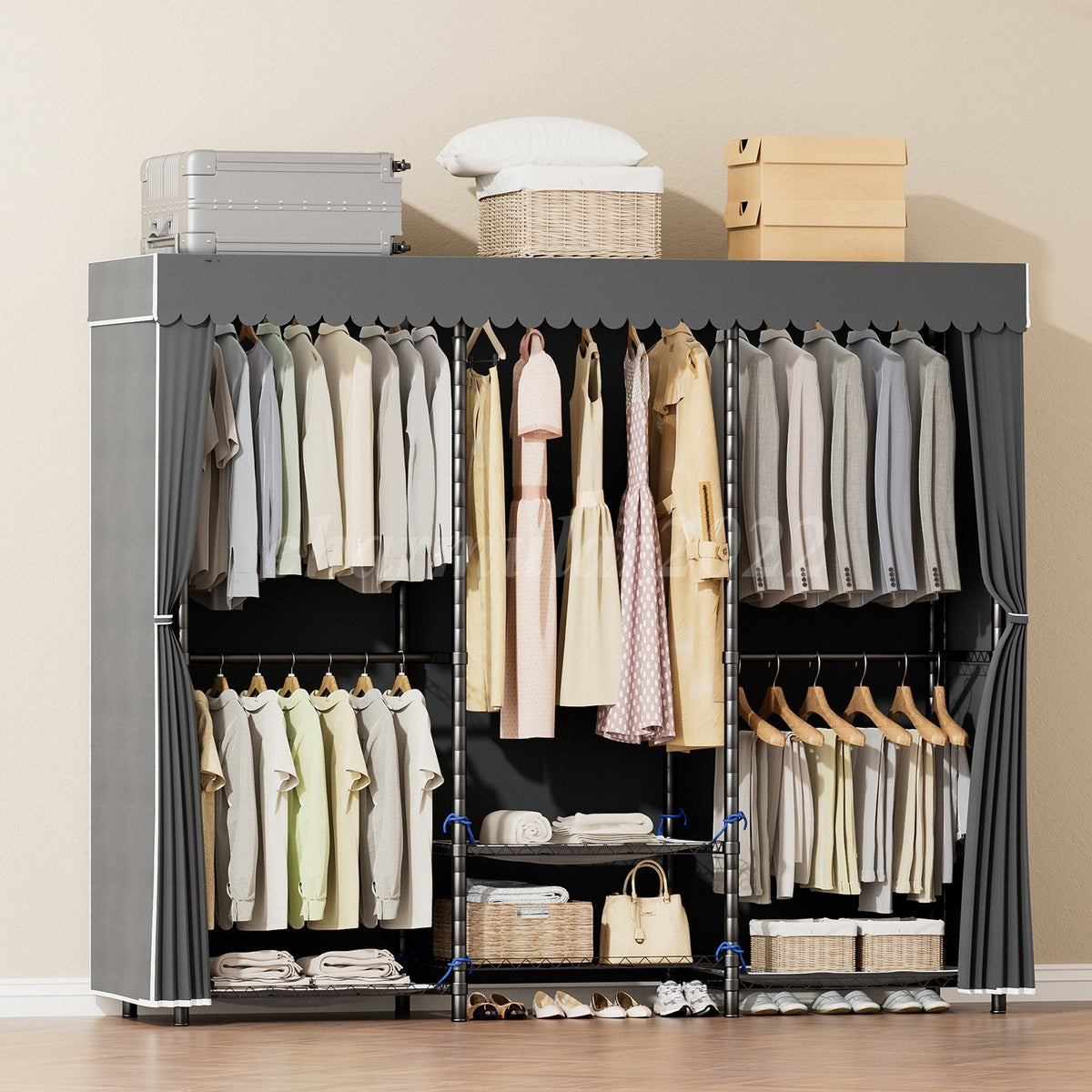 Covered Clothes Rack with 4 Hanging Rods and 8 Storage Tiers, 70 in Wide – product detail 5