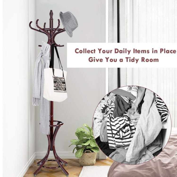 Wooden Freestanding Coat Rack with 12 Hooks and Umbrella Stand, Brown – product detail 5
