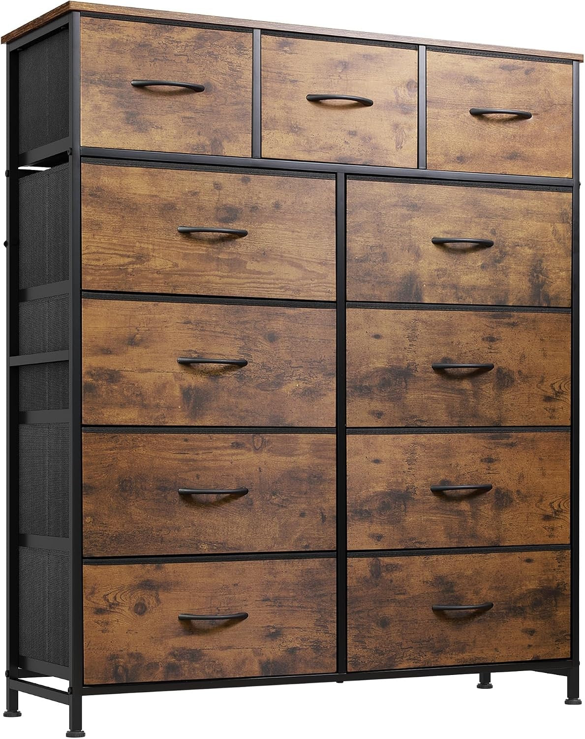 11-Drawer Tall Fabric Dresser with Wood Top, Rustic Brown – 